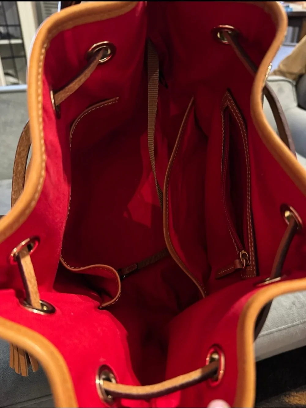 Dooney & Bourke Brown Monogram Drawstring Bucket Bag with Tan Trim